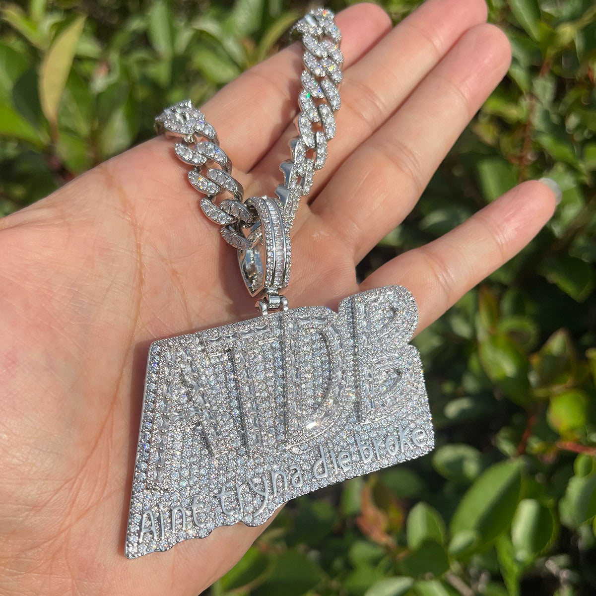 ATDB | Aint Tryna Die Broke Flooded Ice Hip Hop Name Plate VVS Diamond CZ Pendant