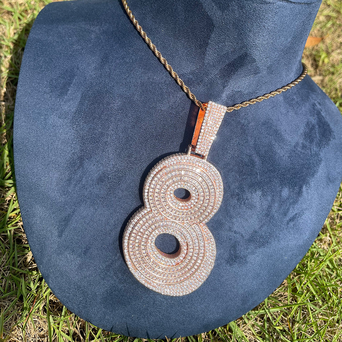 24k Gold Silver Rose Iced Painted Art Deco Offset Number 8 Hip Hop Pendant