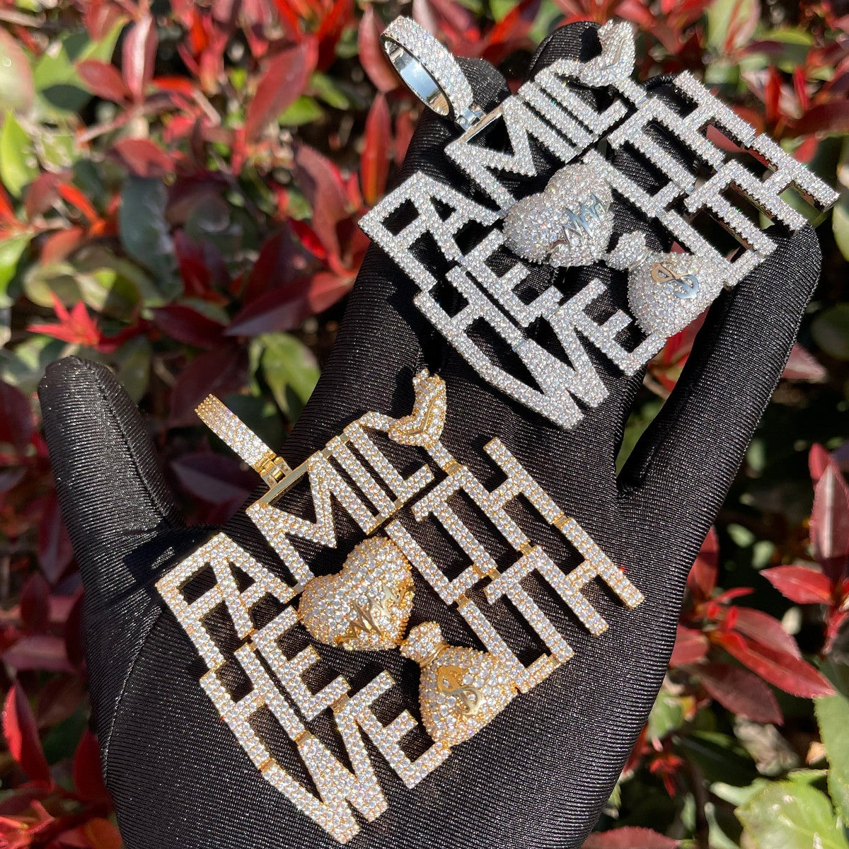 Family Health Wealth | Iced Blinged Out Money Bag Heart Hip Hop Pendant