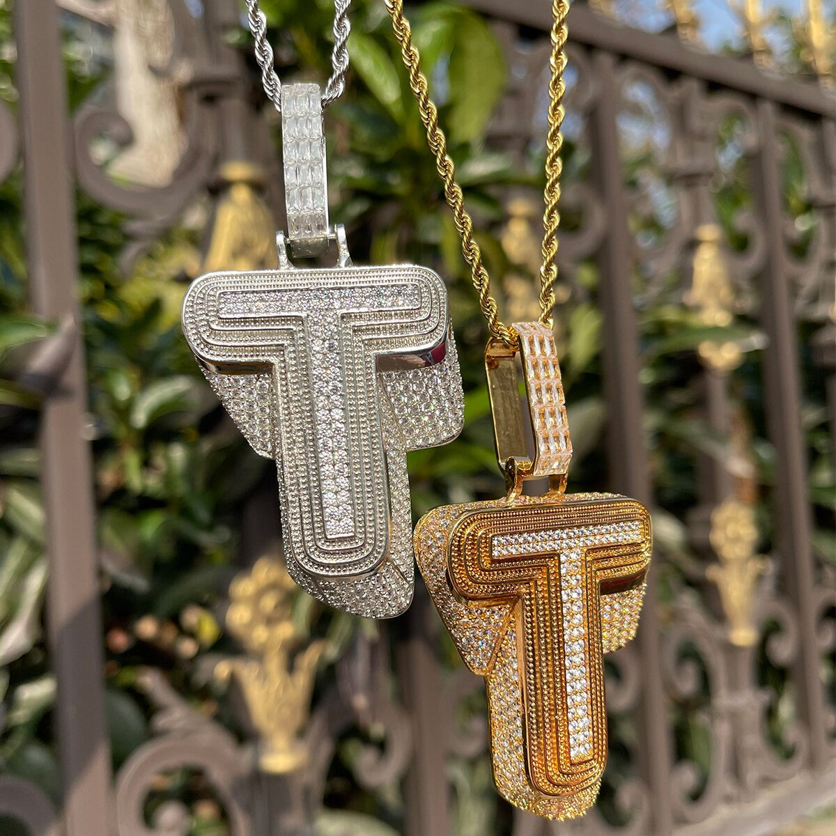 24k Gold .925 Silver 3D Customized Flooded Ice Initial Hip Hop Pendant Chain Necklace
