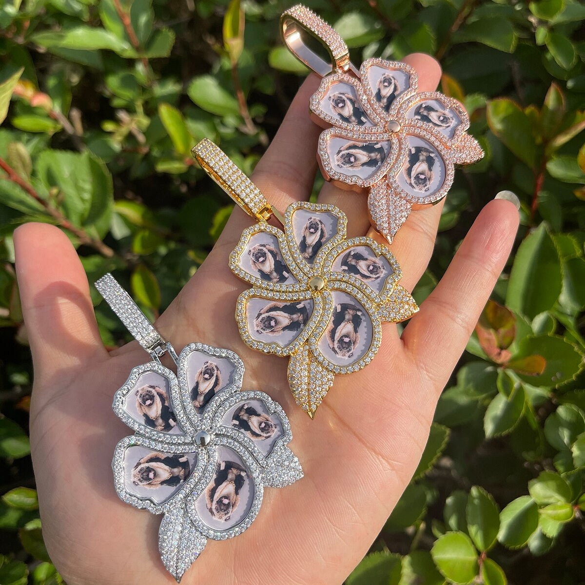 24k 925 Silver Flooded Ice Custom Made Photo Collage Flower Bling Pendant Necklace