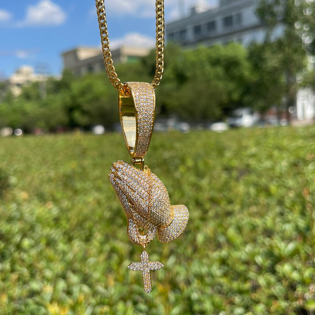 24k Gold 925 Silver Rose Deep Prong Set Prayer Hands Cross Hip Hop Pendants