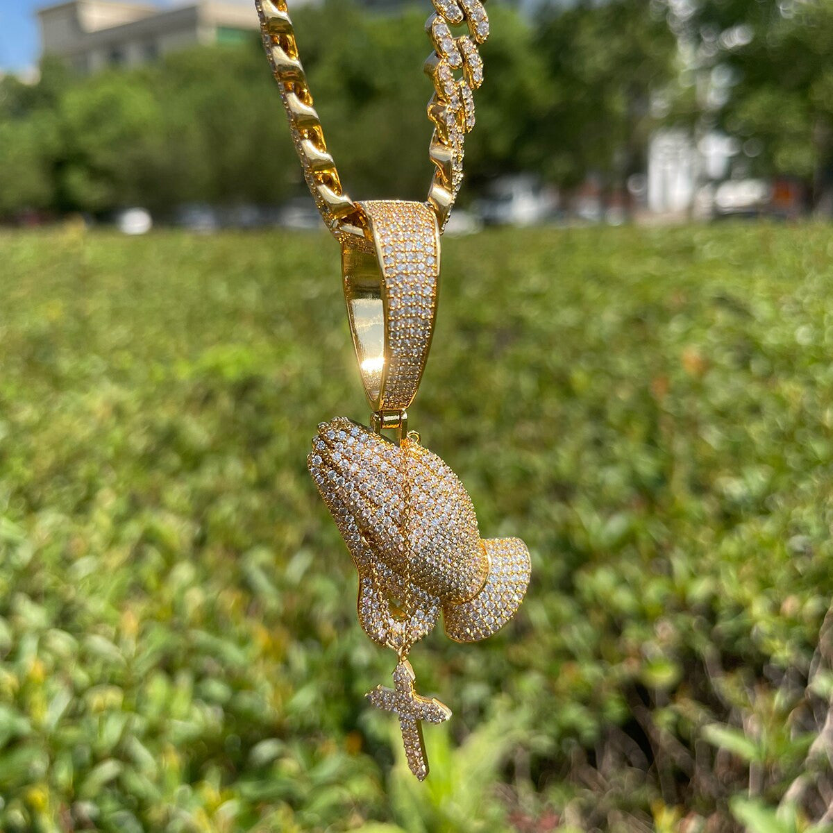 24k Gold 925 Silver Rose Deep Prong Set Prayer Hands Cross Hip Hop Pendants