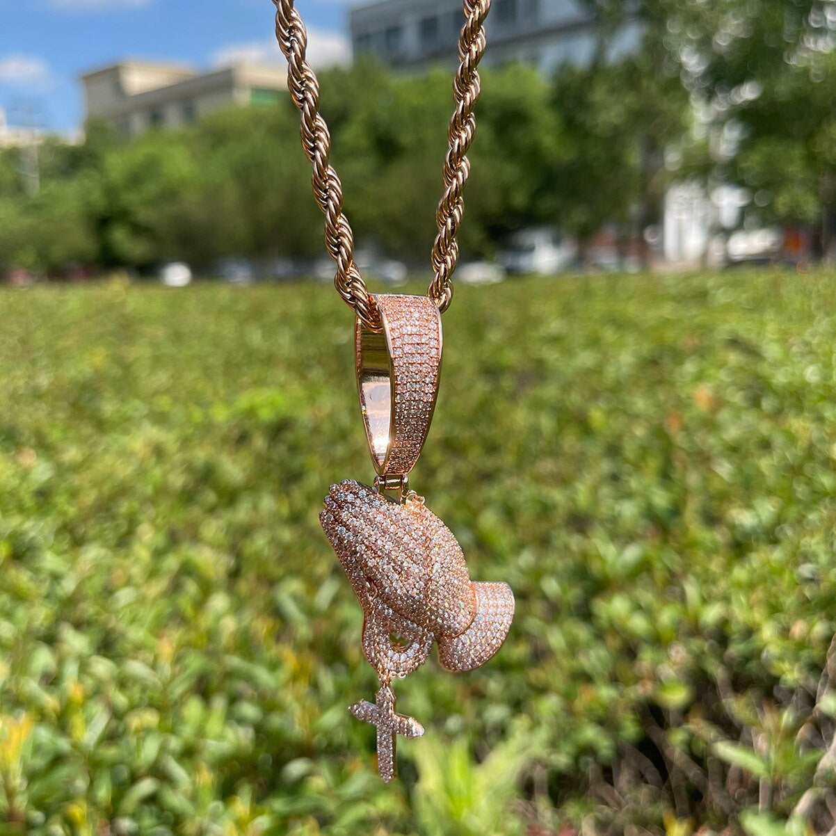 24k Gold 925 Silver Rose Deep Prong Set Prayer Hands Cross Hip Hop Pendants