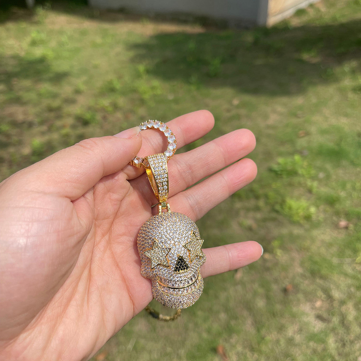 Mens Hip Hop Skull Superstar Eyes Prong Set Stone Hip Hop Pendant