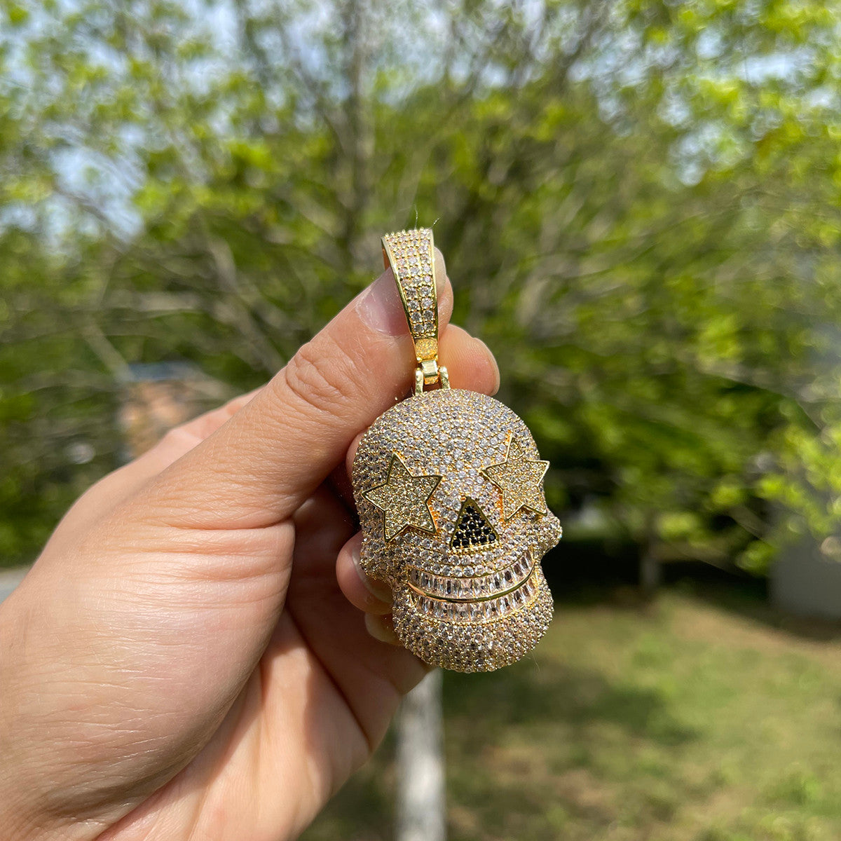 Mens Hip Hop Skull Superstar Eyes Prong Set Stone Hip Hop Pendant