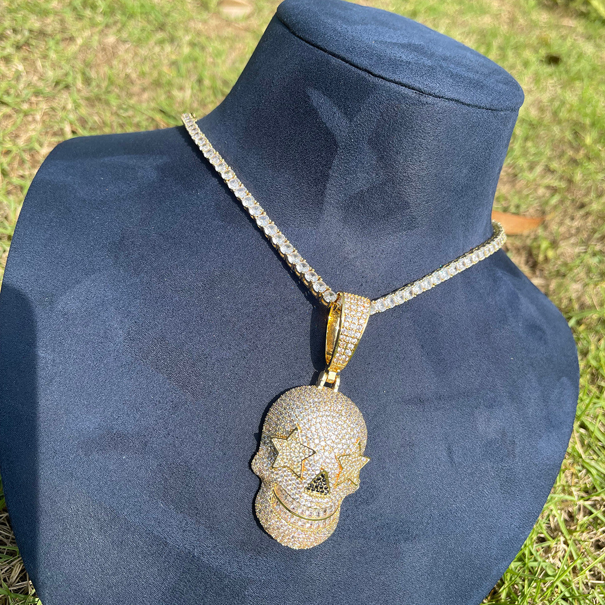 Mens Hip Hop Skull Superstar Eyes Prong Set Stone Hip Hop Pendant