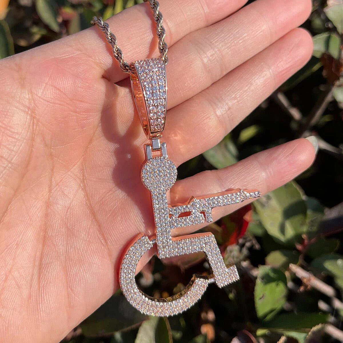 Hip Hop 24k 925 Silver Rose Gold Wheel Chair Gang Iced Pendant Chain Necklace