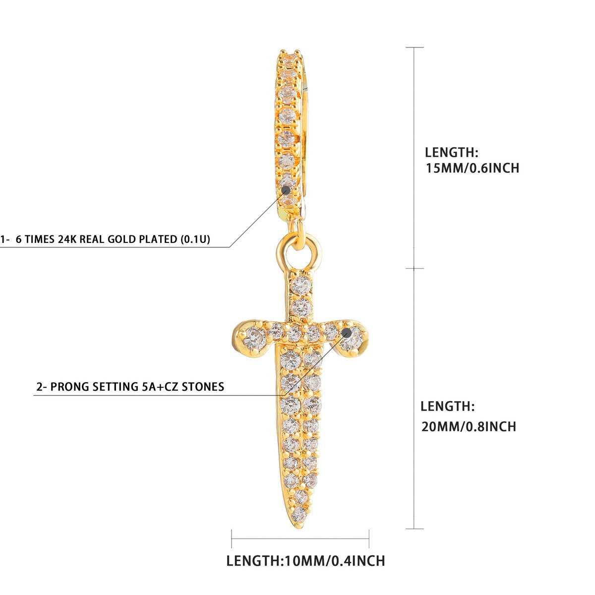 Retro Huggie Dagger | VVS Diamond CZ Hoop Bling 4 Prong Set Stone Dangle Earrings