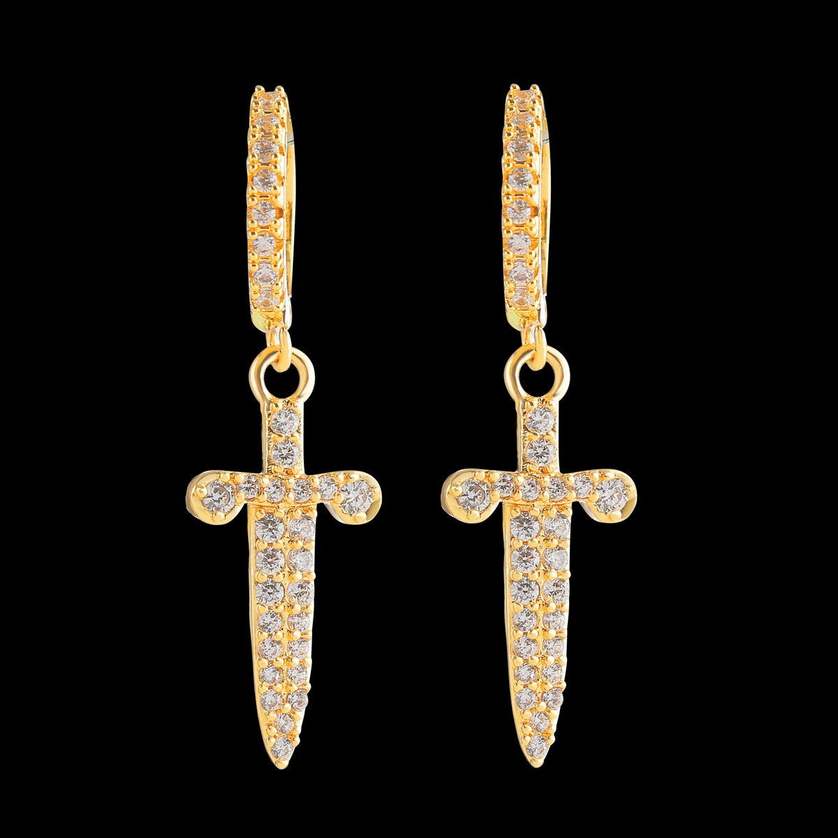 Retro Huggie Dagger | VVS Diamond CZ Hoop Bling 4 Prong Set Stone Dangle Earrings