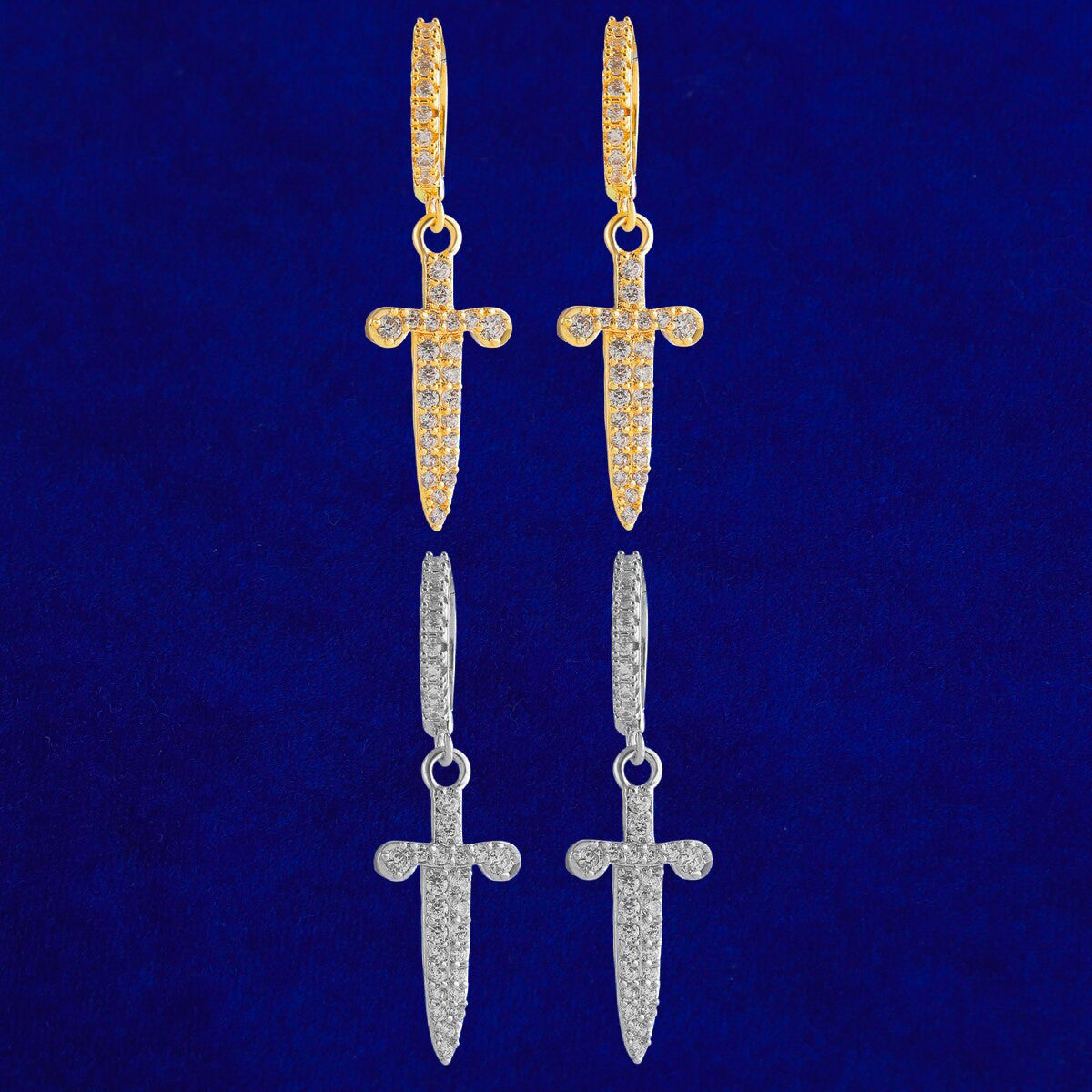 Retro Huggie Dagger | VVS Diamond CZ Hoop Bling 4 Prong Set Stone Dangle Earrings