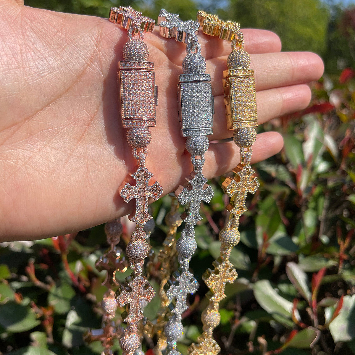 Iced Blinged Out Ancient Cross Ball Bead Link Hip Hop Chain Necklace