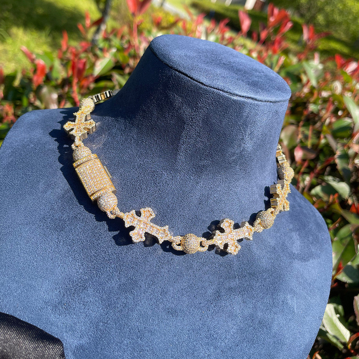 Iced Blinged Out Ancient Cross Ball Bead Link Hip Hop Chain Necklace