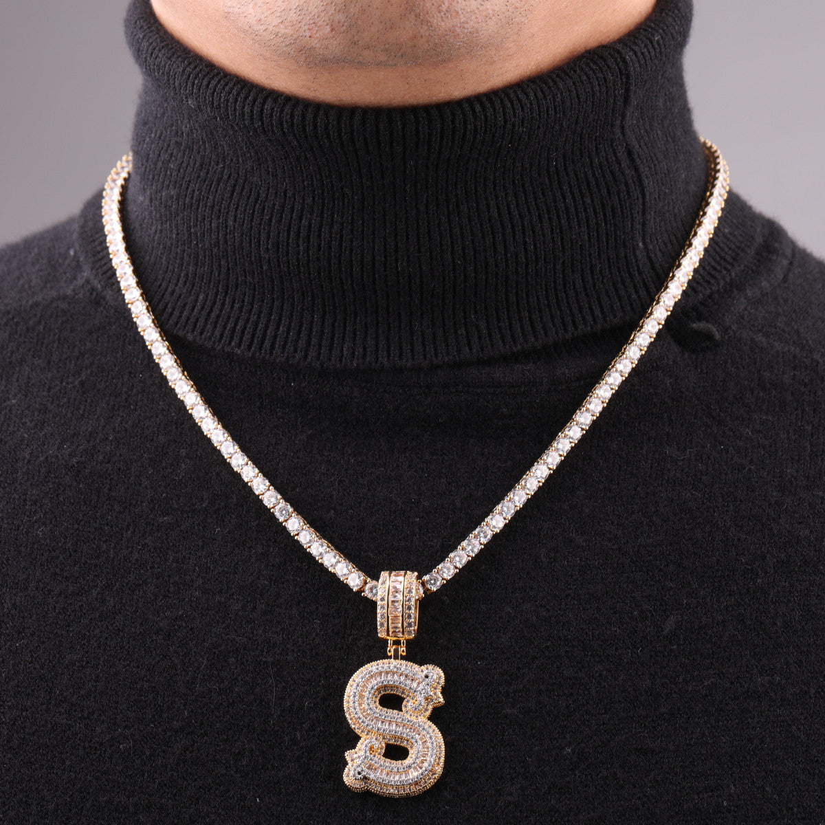 Frozen Ice Hip Hop Letter Initial 24k Gold 925 Silver Pendant Chain Necklace