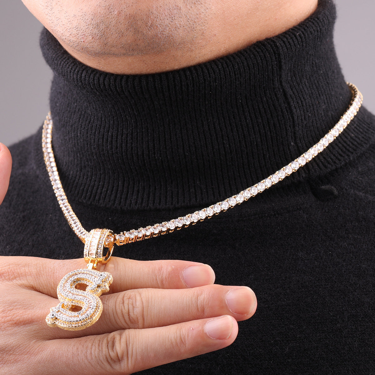 Frozen Ice Hip Hop Letter Initial 24k Gold 925 Silver Pendant Chain Necklace
