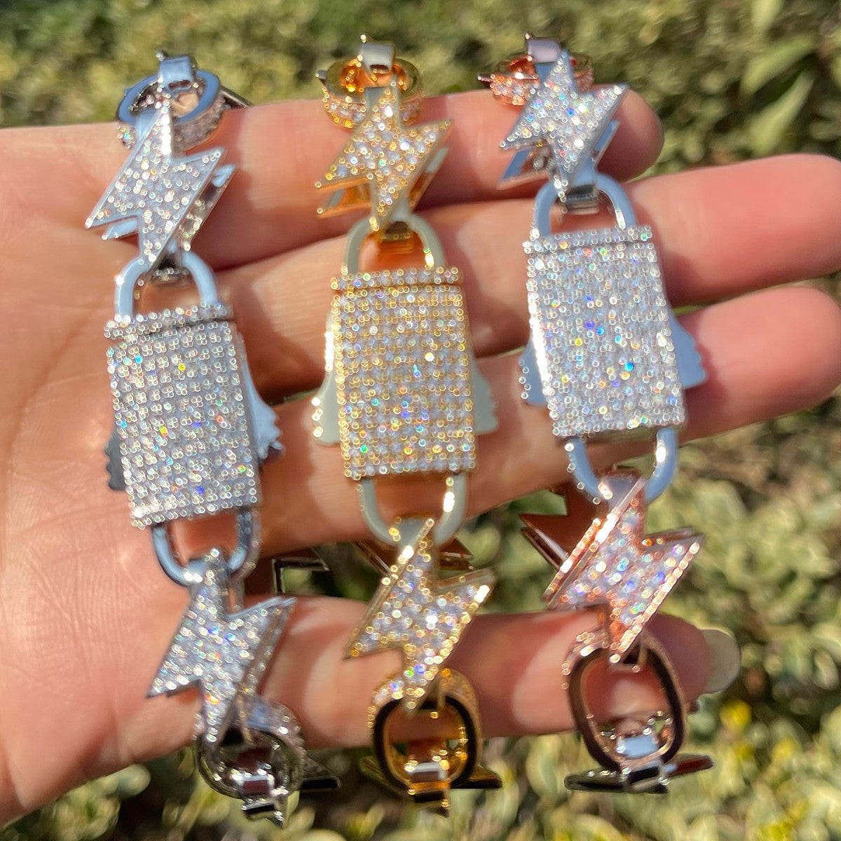 24k 925 Silver Rose Gold Lighting Strikes Hip Hop Chain Links Bracelets