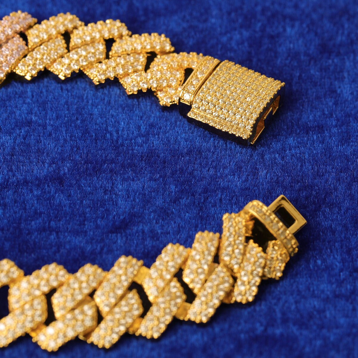 24k Yellow 14k White Gold Close Cut Cluster Stone Miami Cuban Link Hip Hop Bracelet