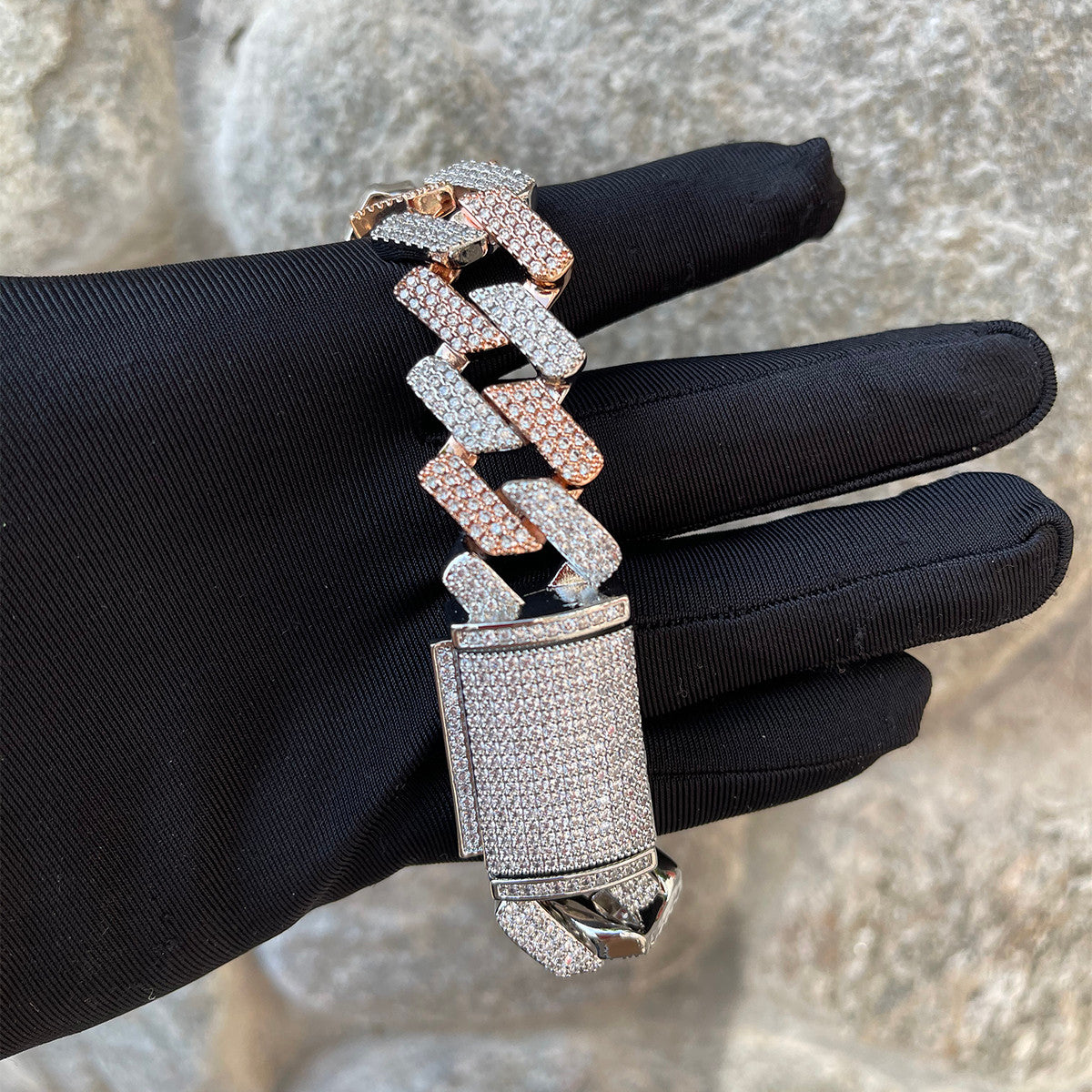 Mens Flooded Ice Wide Cut Two Tone Rose Gold Desiger Cuban Link Bracelet