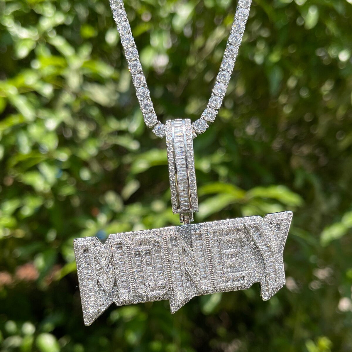 Money | VVS Diamond CZ Iced Blinged Out Baguette Hip Hop Name Plate Pendant