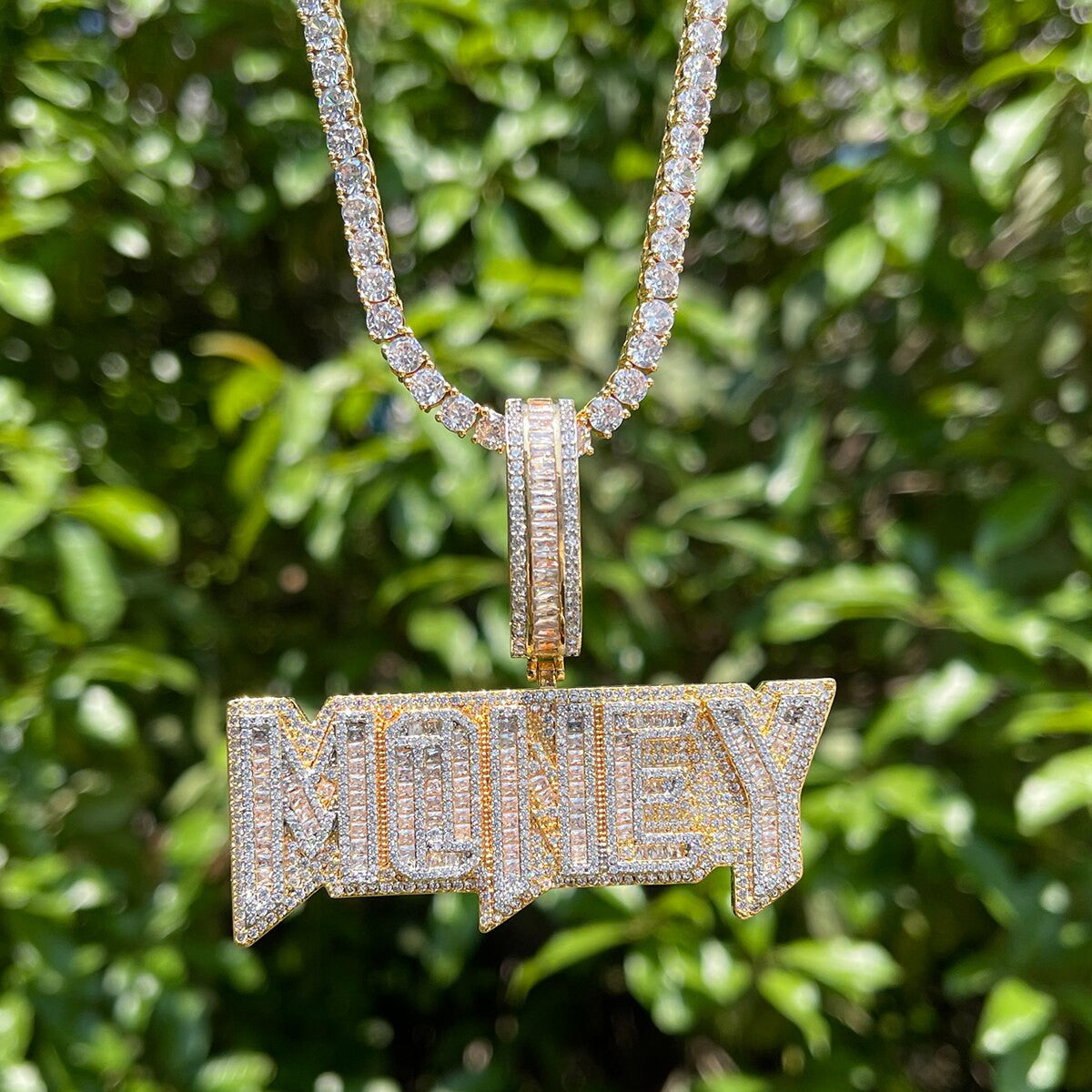 Money | VVS Diamond CZ Iced Blinged Out Baguette Hip Hop Name Plate Pendant