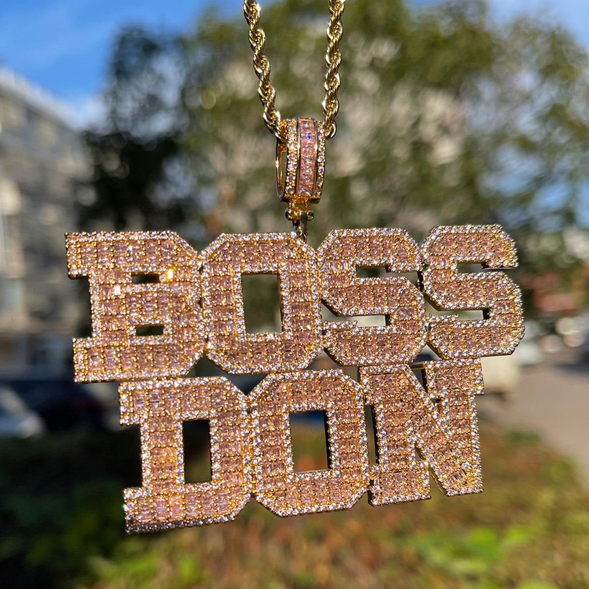 Pink Frost | Baguette Stone Silver Gold Rose Custom Hip Hop Nameplate Pendant