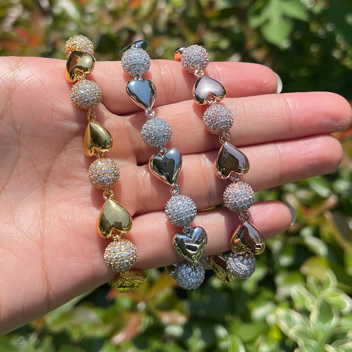 Ladies Prong Set Classic Heart 24k 925 Silver Rose Gold Ball Link Bracelets