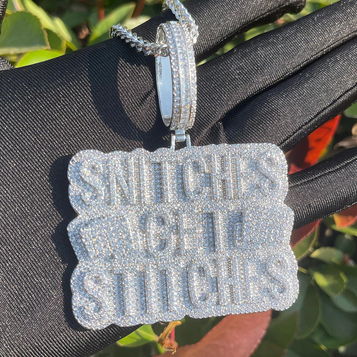 Snitches Get Stitches | Hip Hop Name Plate Flooded Iced Blinged Out Pendant