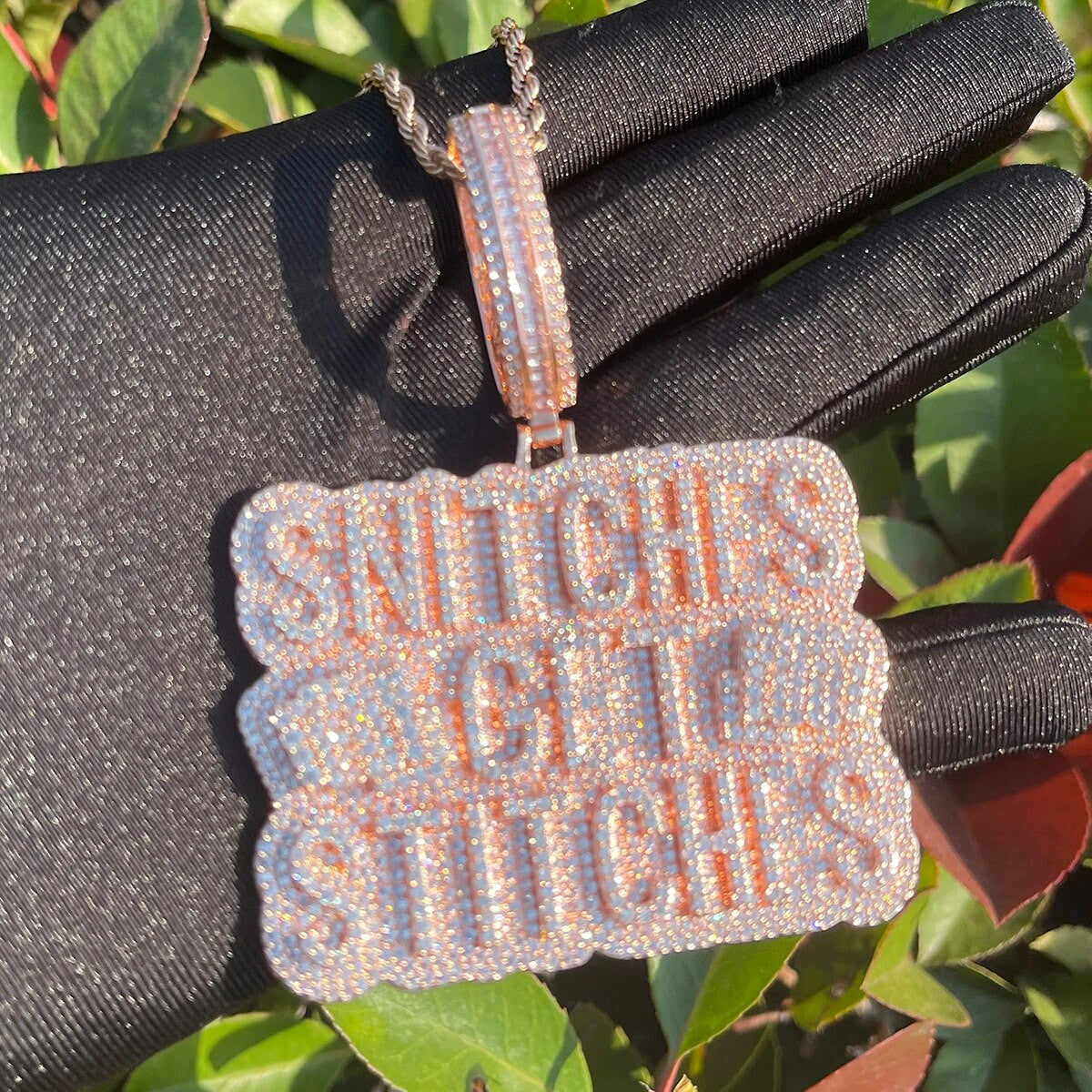 Snitches Get Stitches | Hip Hop Name Plate Flooded Iced Blinged Out Pendant