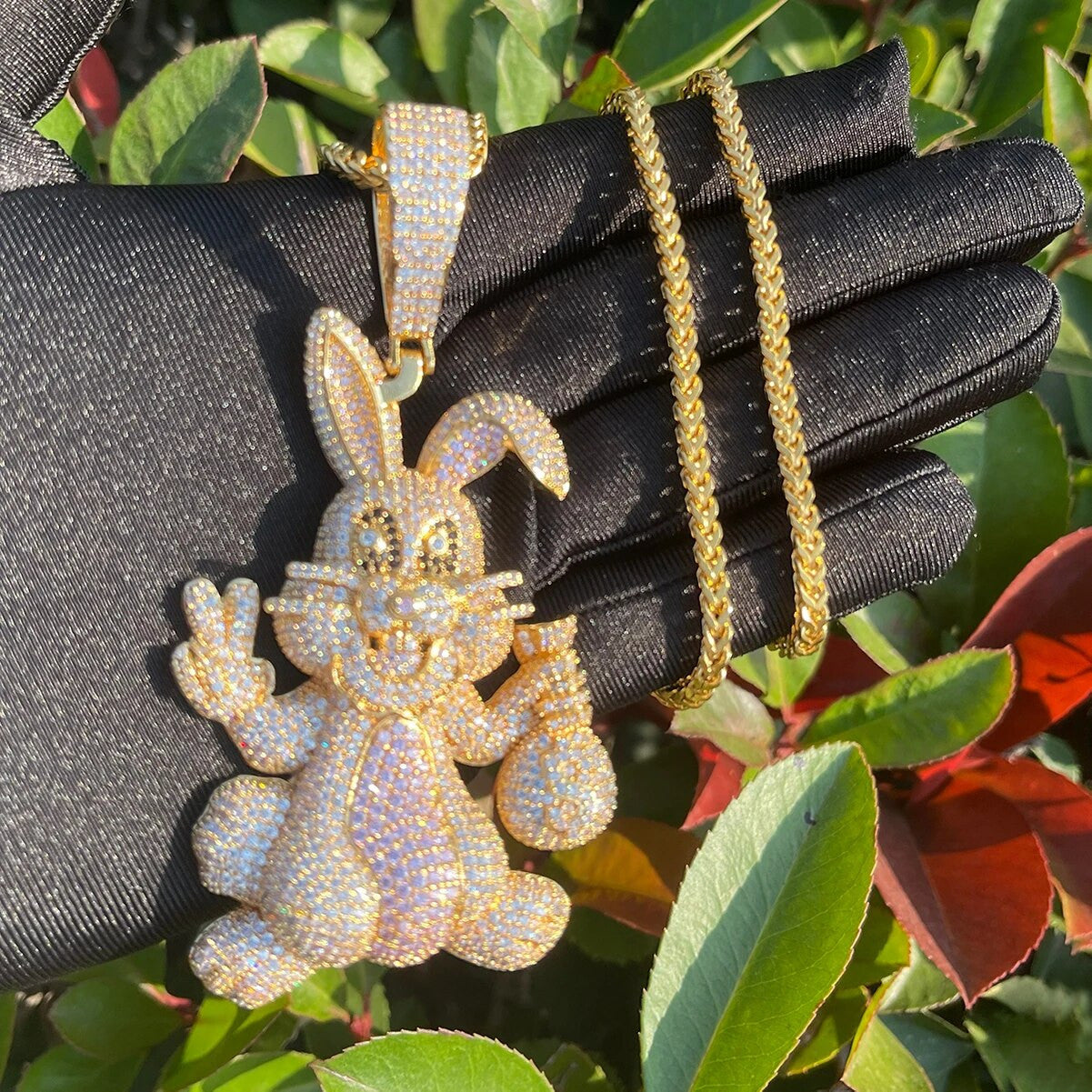 Ladies Iced Blinged Out Luxury Prong Set Bunny Money Bag Hip Hop Necklace