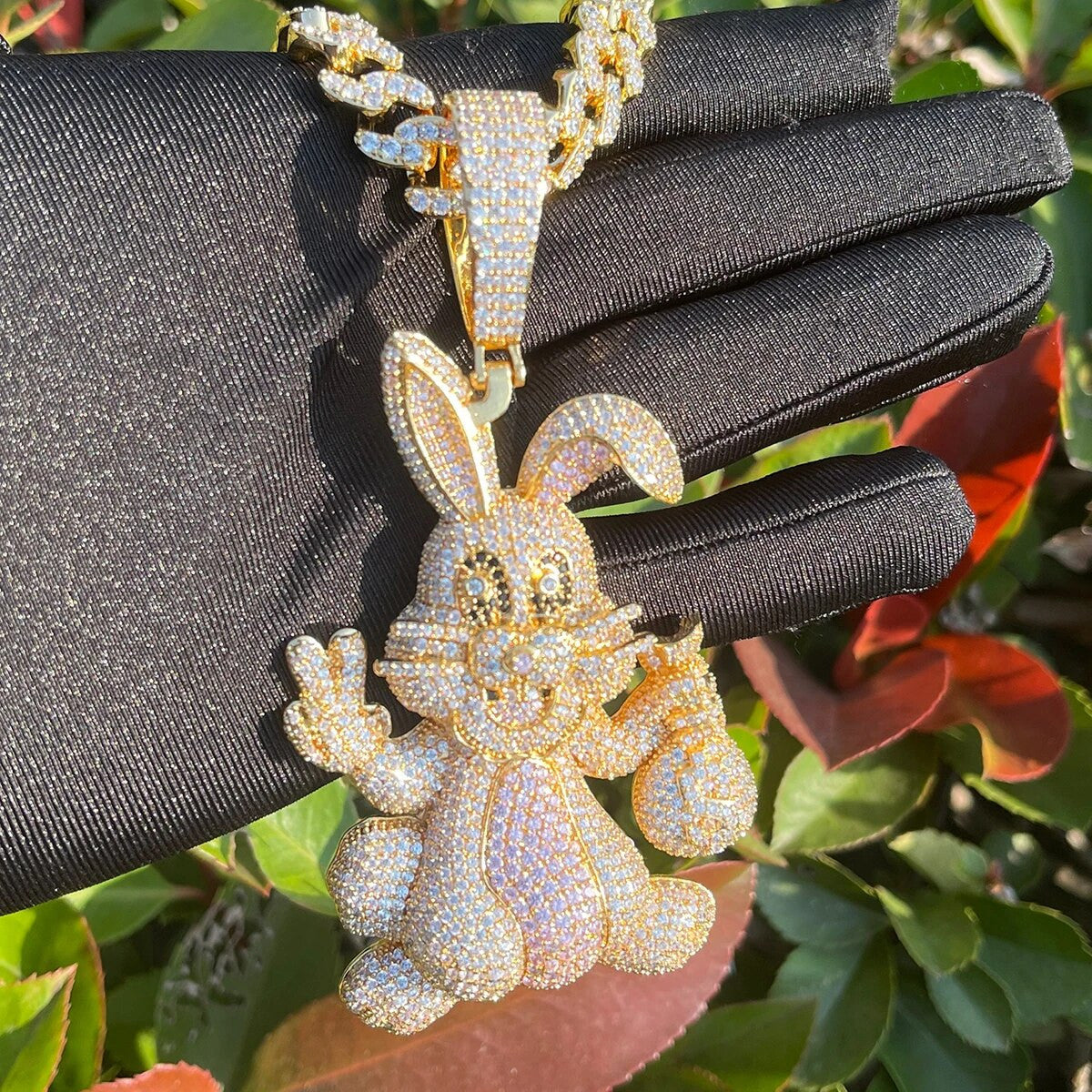 Ladies Iced Blinged Out Luxury Prong Set Bunny Money Bag Hip Hop Necklace