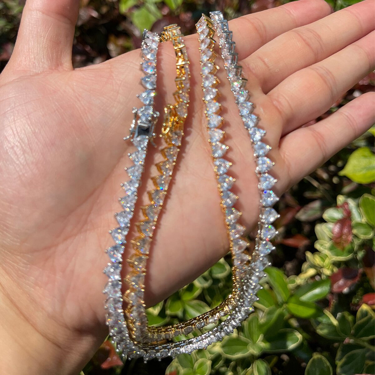 Ladies High Fashion Beautiful Heart Stone 24k Gold Silver Rose Tennis Necklace