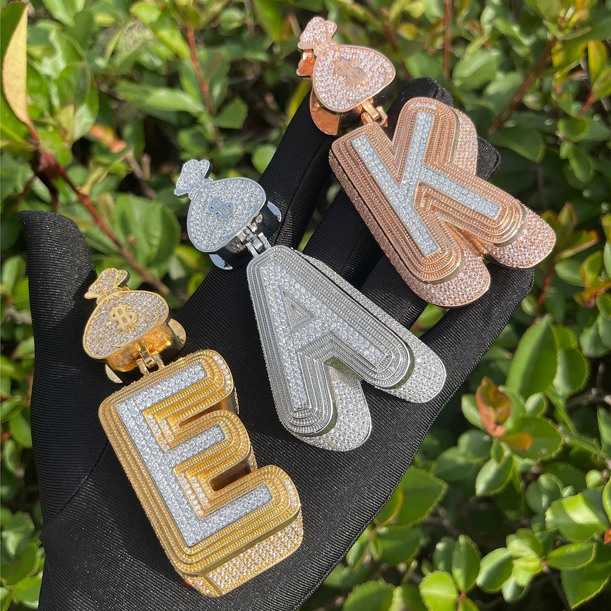 Prong Setting 24k Gold 925 Silver Retro 80&#39;s Initial Money Bag Hip Hop Pendant