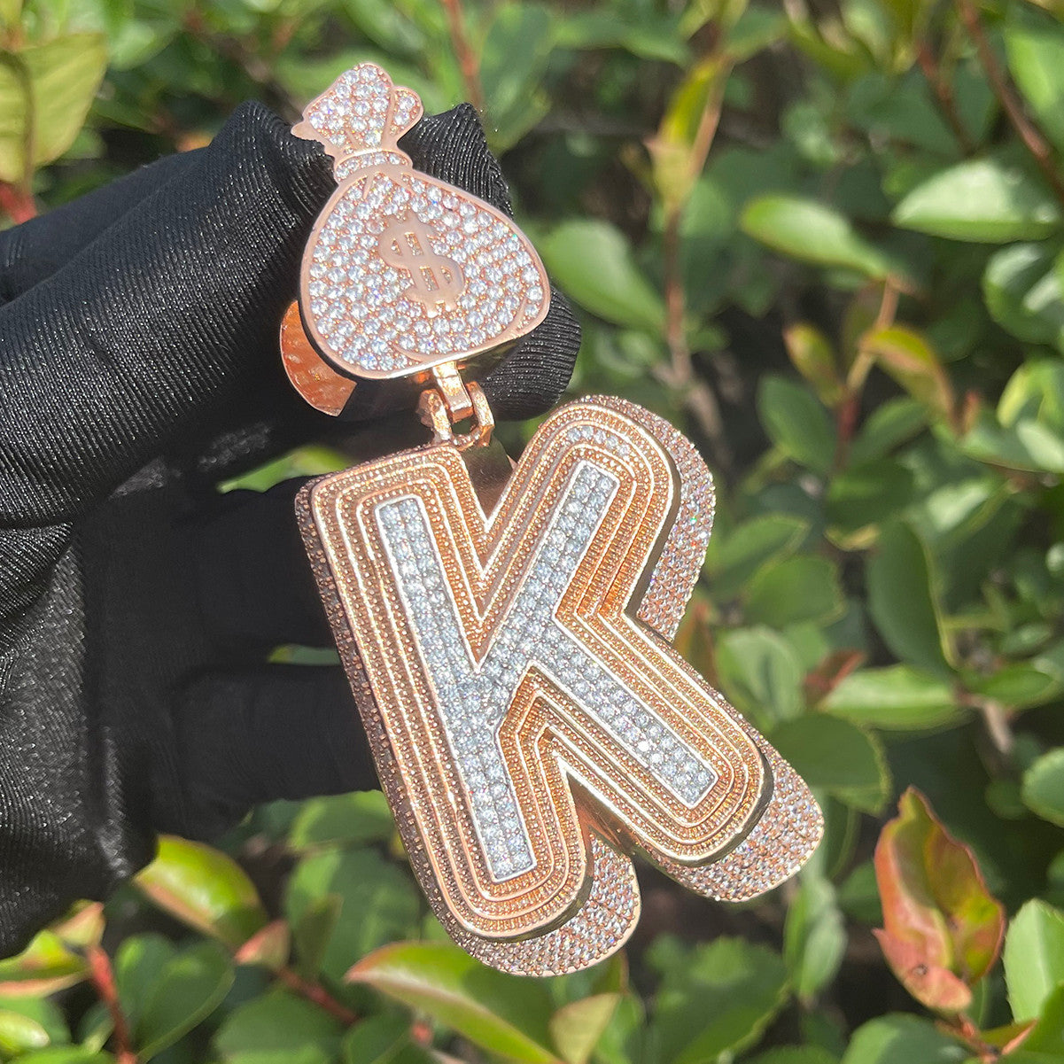 Prong Setting 24k Gold 925 Silver Retro 80's Initial Money Bag Hip Hop Pendant