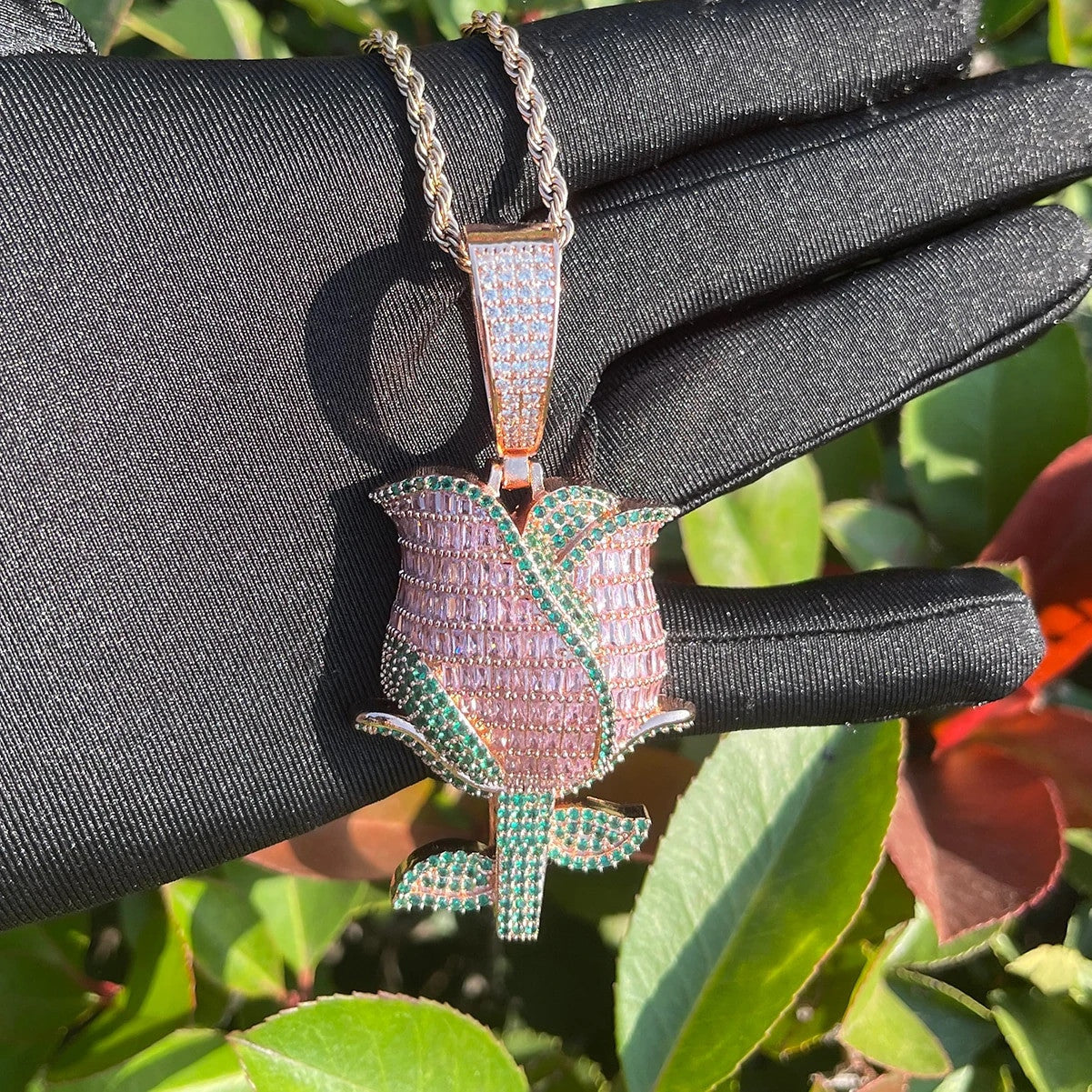 Iced Baguette Beautiful Prong Set Hip Hop Rose Chain Necklace