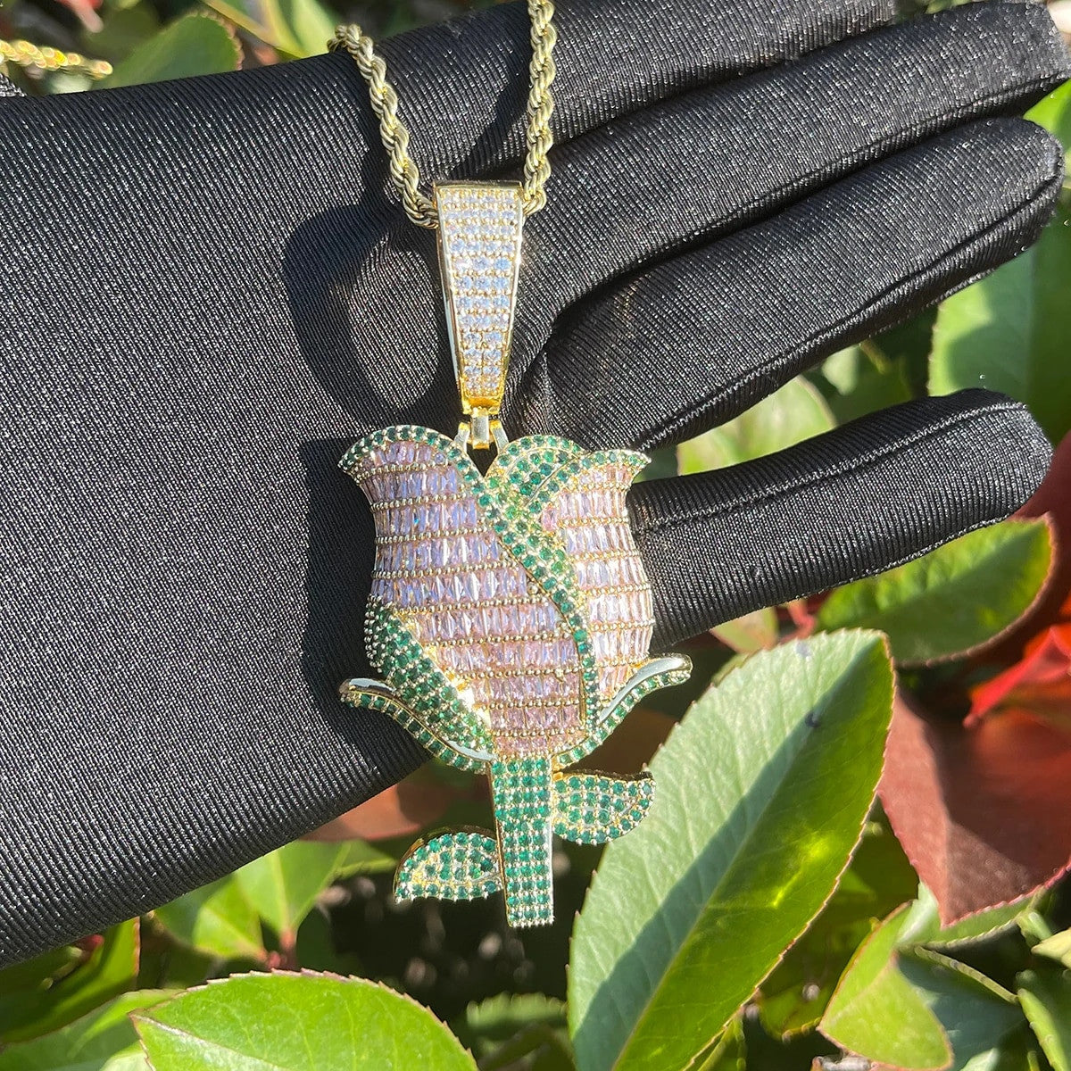 Iced Baguette Beautiful Prong Set Hip Hop Rose Chain Necklace