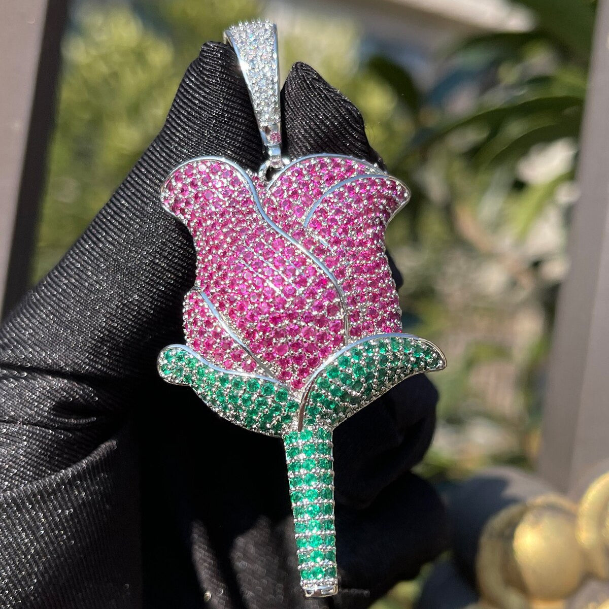 Rose Gold 925 Silver 24k 5A Simulate Diamond Rose Flower Hip Hop Chain Necklace