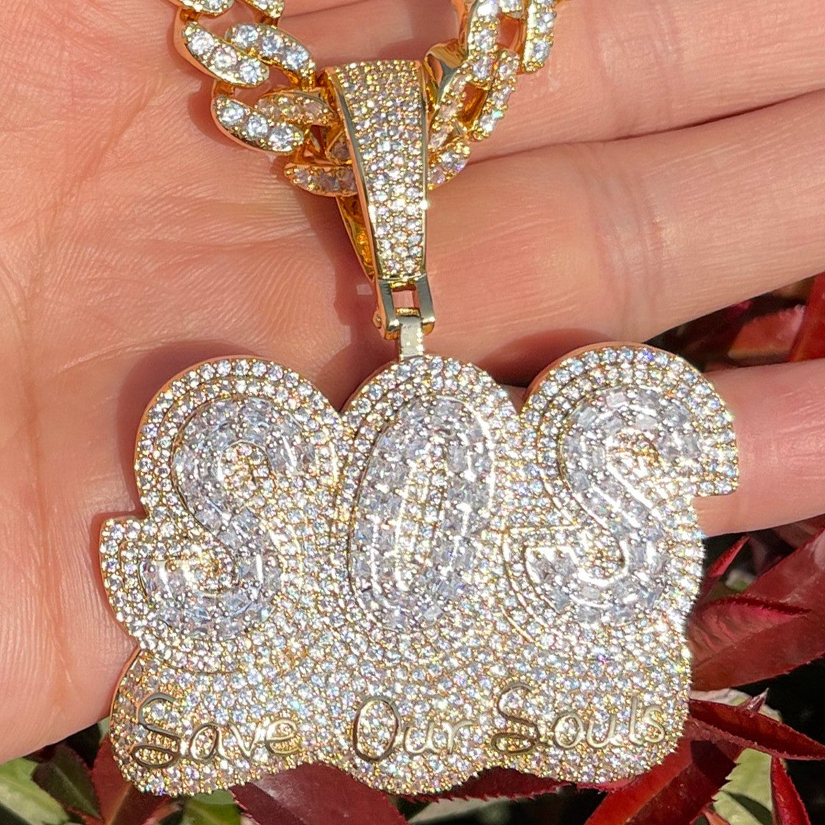 SOS | Save Our Souls Flooded Ice Hip Hop Spiritual Pendant Chain Necklace