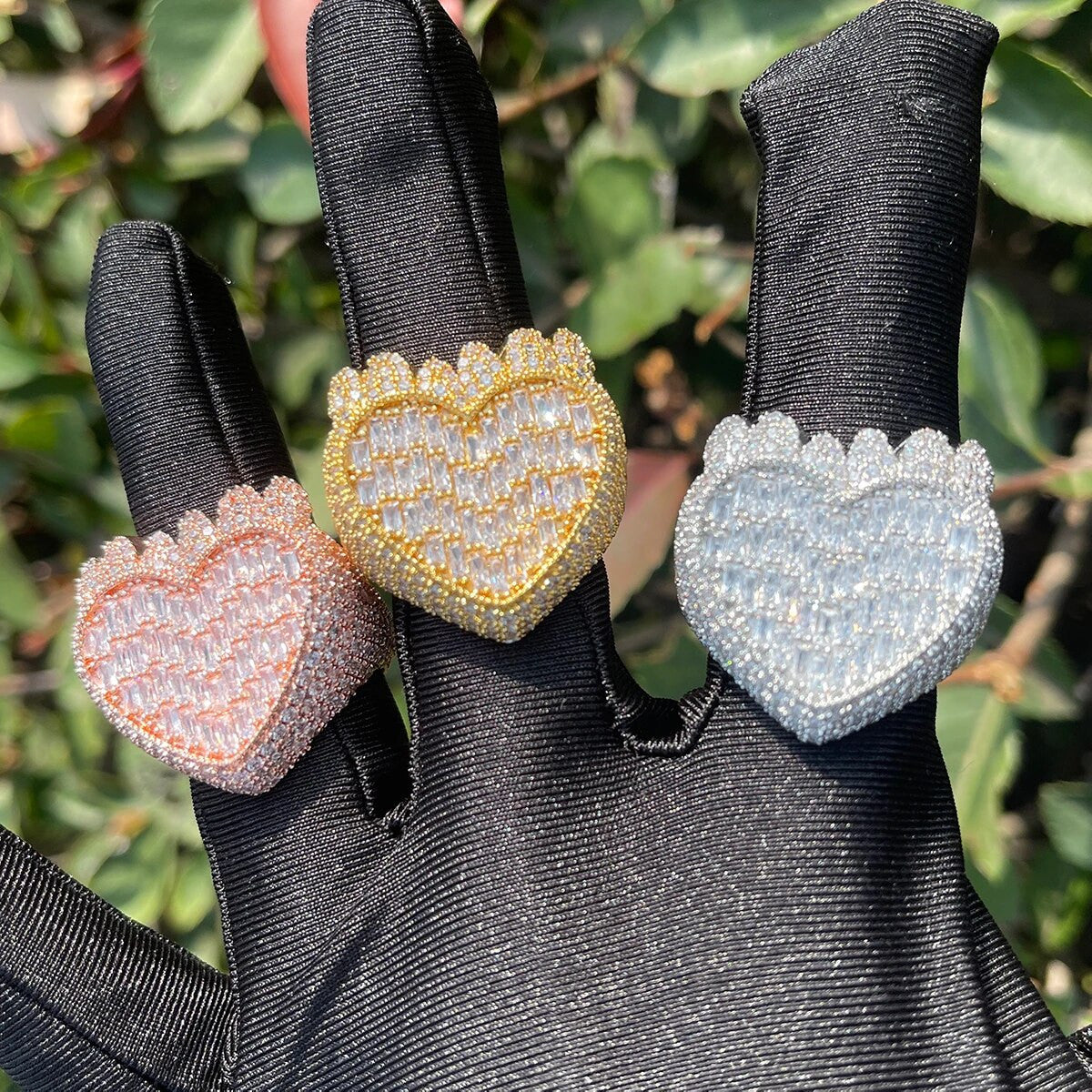 24k Rose Gold 925 Silver Waves Of Love Crashing Heart Baguette Iced Rings