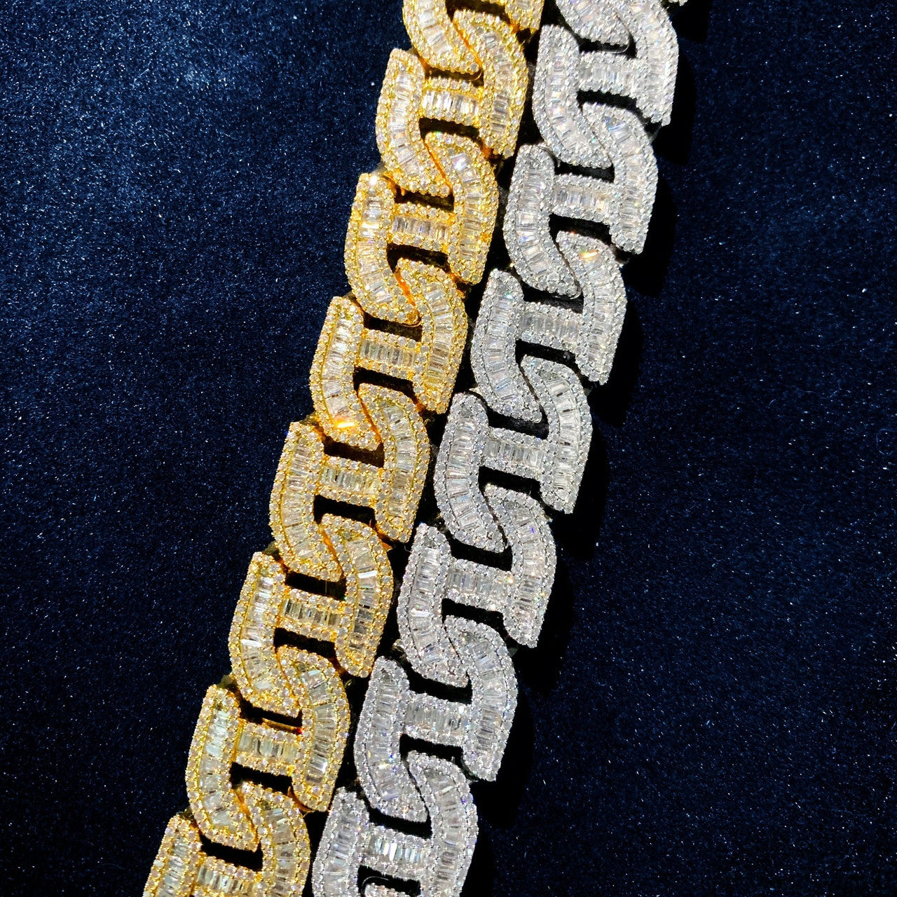 Mens Flooded Ice Designer Cut Baguette Stone 24k Gold 925 Silver Street Wear Cuban Link Chain