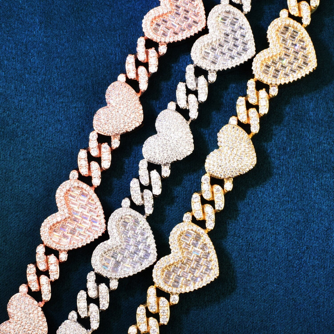 9mm Flooded Ice Baguette Pave Stone Gold Silver Rose Double Heart Chain Necklace