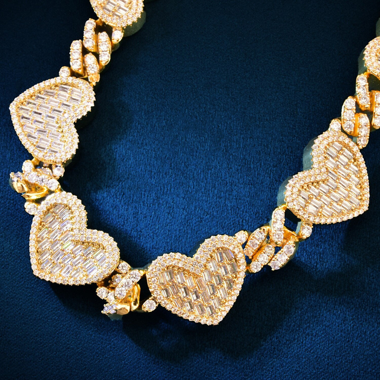 18k 925 Silver rose Gold Show Stopper Baguette Heart Street Wear Casual Cuban Link Necklace