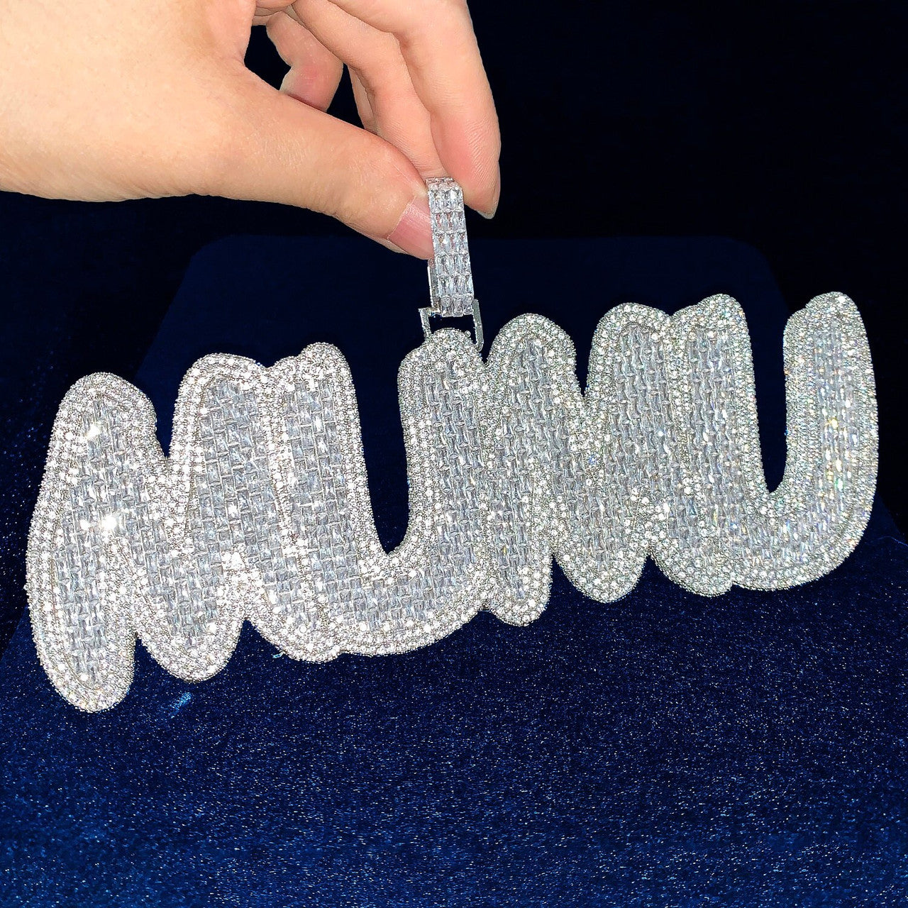 Flooded Ice Baguette Letter Super Blinged Out Name Plate Hip Hop Pendants