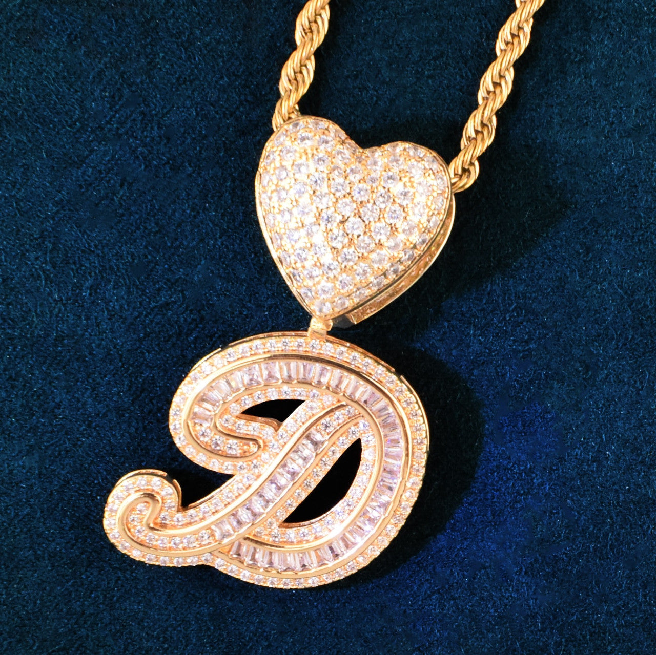Heart Bail Baguette Stone 18k Gold 925 Initial Letter Bling Pendant Necklaces