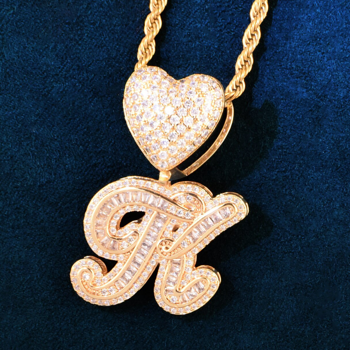 Heart Bail Baguette Stone 18k Gold 925 Initial Letter Bling Pendant Necklaces