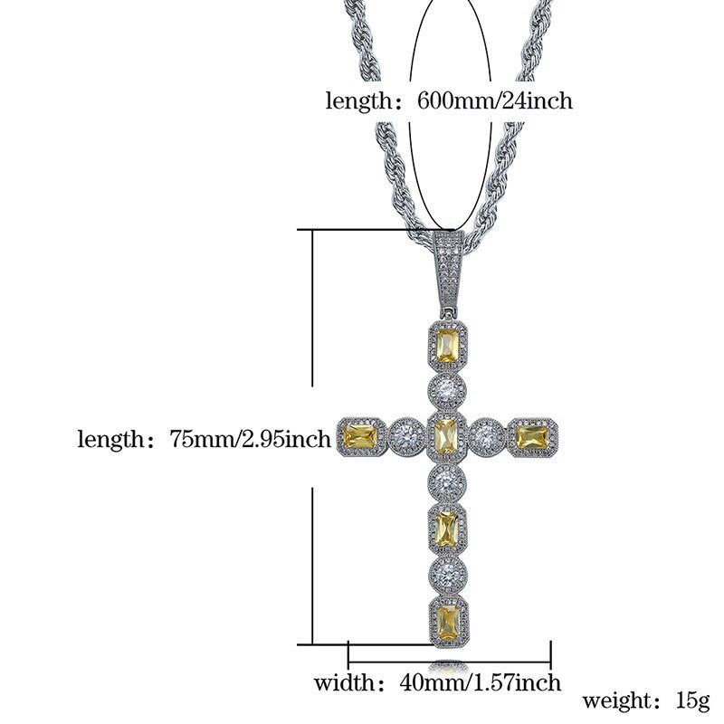 5A Solitaire Canary Stone Flooded Ice Cross Hip Hop Pendant Chain Necklace