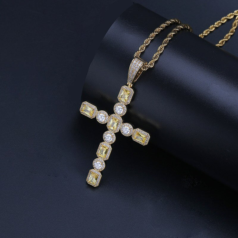 5A Solitaire Canary Stone Flooded Ice Cross Hip Hop Pendant Chain Necklace