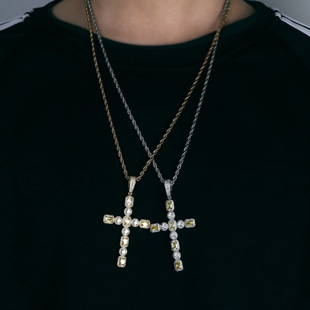 5A Solitaire Canary Stone Flooded Ice Cross Hip Hop Pendant Chain Necklace