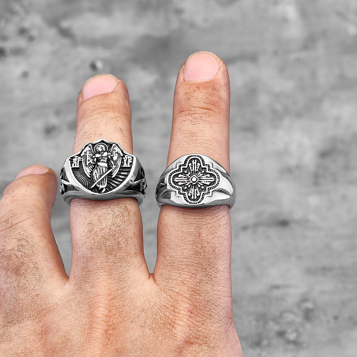 Mens No Fade Stainless Steel Catholic Church Window Grilles Spiritual Rings