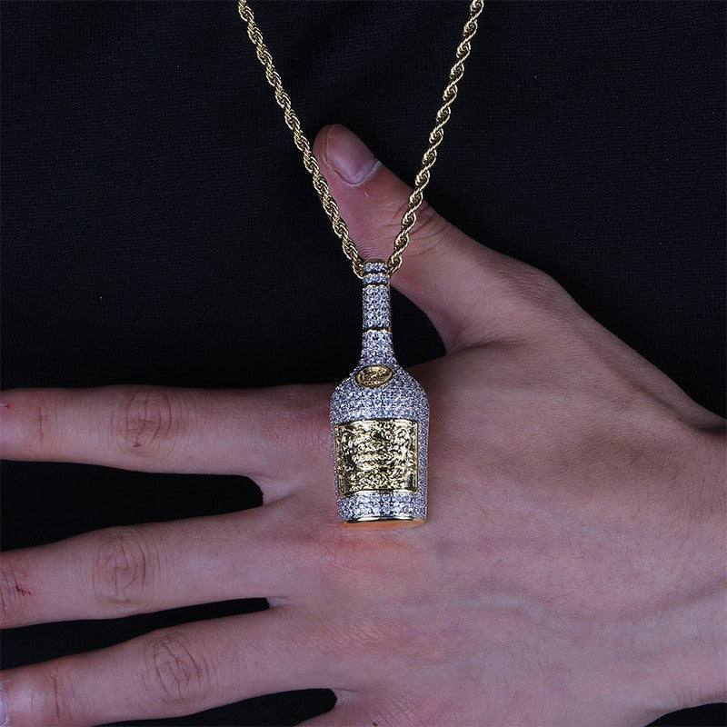 Flooded Ice Gold Silver Bottle of Henn Dog Hip Hop Pendant Chain Necklace