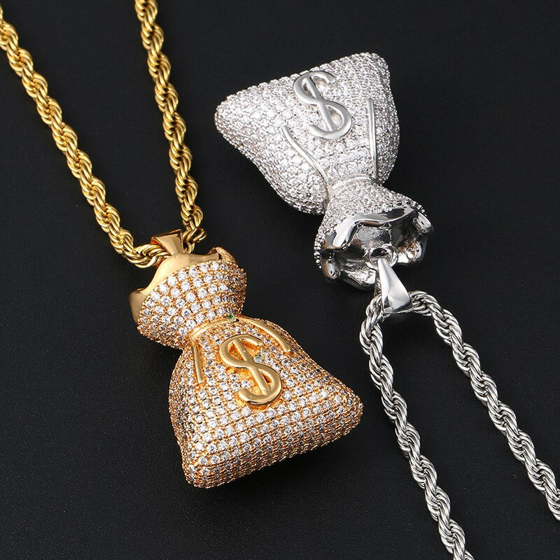 Mens Iced Blinged Out Prong Set Money Bag 18k Gold 925 Silver Hip Hop Pendant